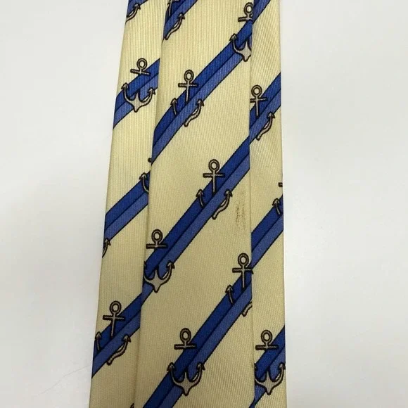 Hermes Men's Tie Nautical Striped Anchors Yellow/Blue Silk 944 IA 3.5 x 53 guc